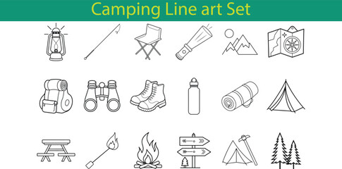 Fototapeta premium A collection of 18 line art icons depicting various camping essentials, including a lantern, a fishing rod, a chair, a flashlight, a map, a backpack, binoculars, boots, a water bottle, a sleeping bag,