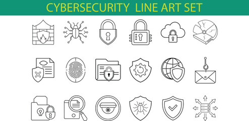 A set of 18 cybersecurity line art icons, including padlock, firewall, fingerprint, document, and cloud icons.