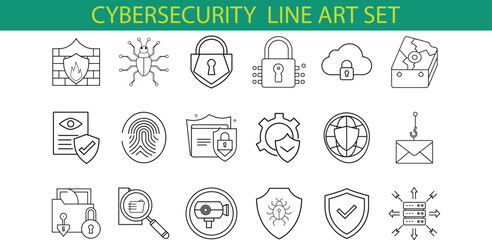Fototapeta premium A set of 18 cybersecurity icons in line art style depicting various aspects of digital protection such as firewalls, locks, encryption, security checks, and more.