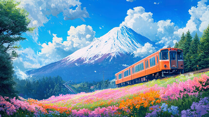 Train illustration in the sea of flowers under the snow capped mountains
