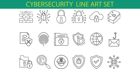 A collection of 18 cybersecurity line art icons, including locks, shields, files, a bug, a cloud, and a network. The icons are simple and stylish, making them perfect for use in websites, presentation