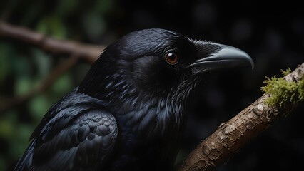 Raven Perched on Mossy Branch
