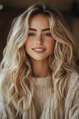 Fototapeta premium Smiling blonde woman with flowing hair, soft peach background