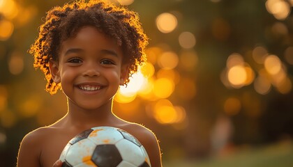 Fototapeta premium Smiling child holding a soccer ball in a park, soft sunlight filtering through trees, joyful atmosphere