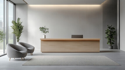 Fototapeta premium Modern minimalist office reception with light wood desk and natural decor