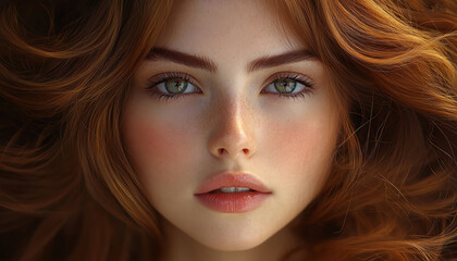 Naklejka premium Woman with flowing brown hair, soft studio lighting, detailed hair texture, serene expression