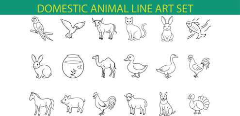 A set of 18 line art illustrations depicting various domestic animals including a cat, dog, horse, pig, duck, chicken, rabbit, camel, and more.