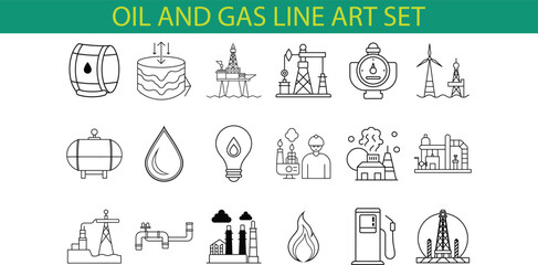 A collection of 20 line art icons depicting various elements of the oil and gas industry, including oil rigs, barrels, pipelines, gas stations, and more.