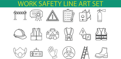 Fototapeta premium A collection of 18 black and white line art icons depicting work safety equipment and symbols like a hard hat, safety vest, gloves, and a fire extinguisher.