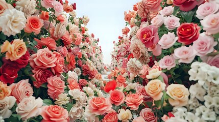 A vibrant pathway lined with colorful roses in full bloom, creating a stunning floral display.