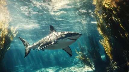 Fototapeta premium 1. A great white shark swimming gracefully through crystal-clear waters