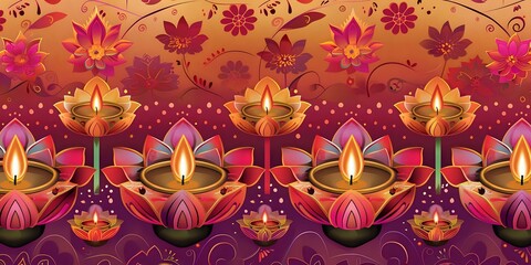 A vibrant pattern of lotus flowers and candles, symbolizing light and celebration.