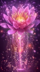 A vibrant pink lotus flower radiating light and sparkles against a dark background.