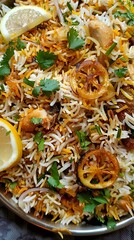 A vibrant plate of biryani garnished with lemon, herbs, and spices.
