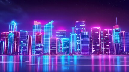 A vibrant neon city skyline illuminated at night, reflecting in the water.