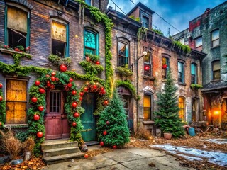 Fototapeta premium Urban Exploration Christmas Decorations in Abandoned Buildings for Festive Spirit