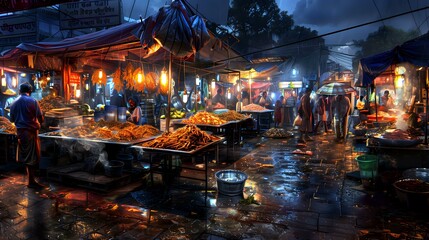 A vibrant night market bustling with vendors and colorful food stalls under dim lighting.