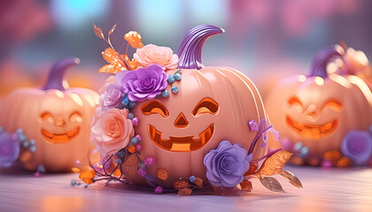 Obraz premium cute, rosa, purple, jack-o-lantern, pumpkin, with, flowers, photo, macro, modern, halloween, pink, flower, rose, decoration, beauty, bouquet, gift, celebration, october, card, design, bohemian, ad