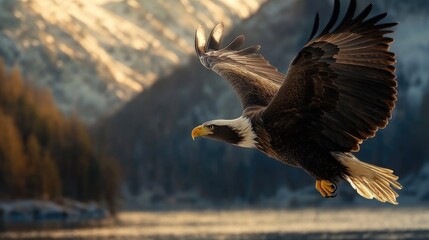 Obraz premium A bald eagle diving toward a shimmering lake, captured mid-flight with a keen expression