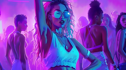 A vibrant nightlife scene featuring stylish individuals enjoying a party atmosphere.