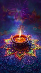 A vibrant oil lamp surrounded by colorful patterns, symbolizing celebration and light.