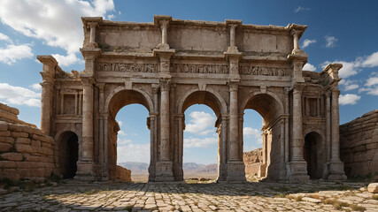 Obraz premium Majestic ancient stone arch under a bright sky, surrounded by rugged natural rock formations.