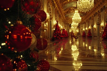 Fototapeta premium Grand hallway decorated with shimmering red and gold Christmas ornaments and festive garlands capturing the opulence and splendor of the holiday season in an elegant setting
