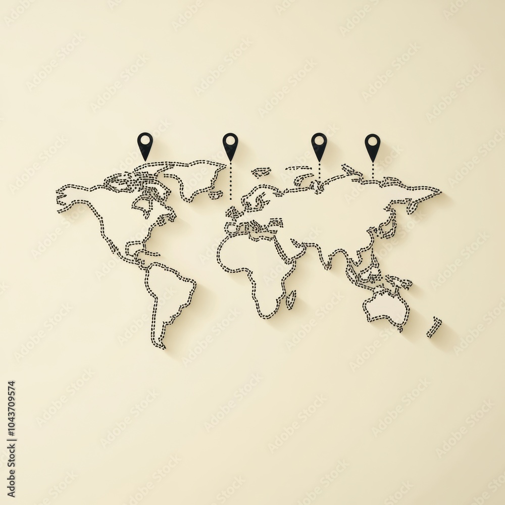 Poster this world map outline prominently features several travel destinations marked with map pins, highli