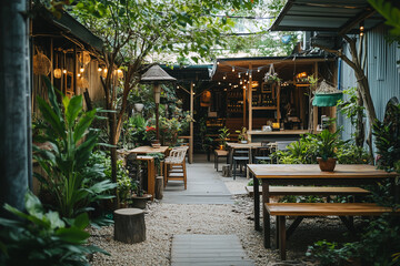 Obraz premium Landscape view of restaurant in the garden with warm light bulb and dining table, Exterior design of restaurant with cozy vibe, Restaurant and bar in backyard garden.