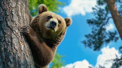 Obraz premium A bear climbing a tree, showcasing its agility and strength against a bright blue sky