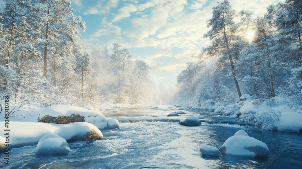 Poster A river with snow on the ground and trees in the background