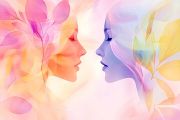 Abstract art featuring female profiles adorned with flowers and leaves against a pastel background celebrating diversity