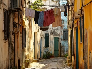 Charming Italian Alleyway with Hanging Laundry,Quaint Mediterranean Residential Scene