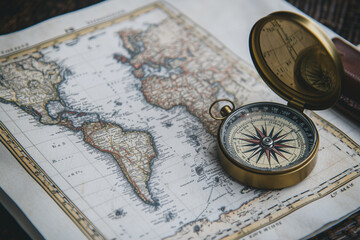 Selective focus ancient earth map with compass with north direction, Top view of geographer working table with flat map paper, Cartography table concept.