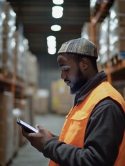 Warehouse Worker Checking Phone