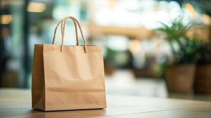 Shopping bag with a blurred background featuring a selective focus and ample copy space for text