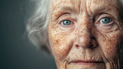 Portrait of an elderly woman with gray hair and freckles