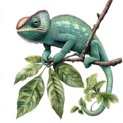 Chameleon sitting on a branch, surrounded by green leaves, white isolate background.