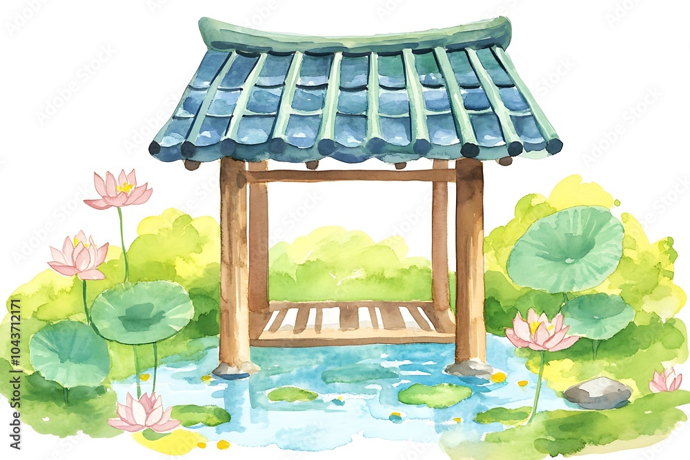 Canvas Prints Watercolor Illustration of a Traditional Asian Pavilion with Lotus Flowers.