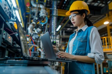 A woman in a hard hat utilizes a laptop while overseeing machinery in a modern industrial facility during the day