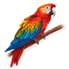 Obraz premium Colorful parrot perched on a branch, white isolated background