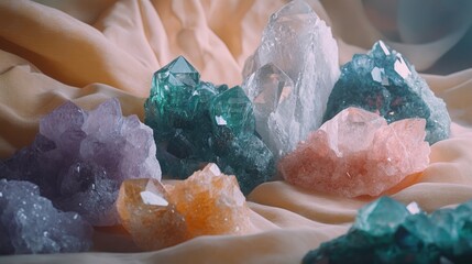 A beautifully arranged display of crystals and gemstones on a soft fabric, highlighting their colors and textures