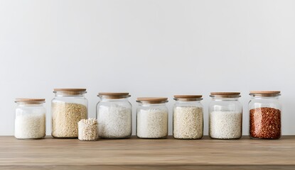 Detailed photograph of seven glass jars containing different types of rice, placed on a table against a white background,