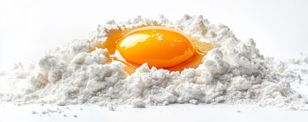 Raw egg yolk surrounded by white flour on a flat surface. Banner, header