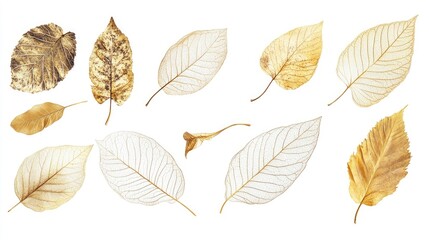 Collection of golden leaf skeletons Fallen leaves ideal for autumn themed designs crafted with specialized tools