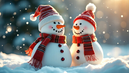 Fototapeta premium Whimsical Christmas snowman with a cozy scarf and hat, standing on a pristine white background, evoking a festive and joyful holiday spirit