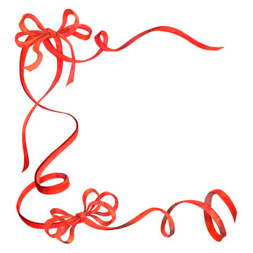 Frame of red curly ribbons with bows. Isolated watercolor holiday background or border with space for text for cards, invitations or decoration. Wedding, Birthday, Christmas Holiday concept