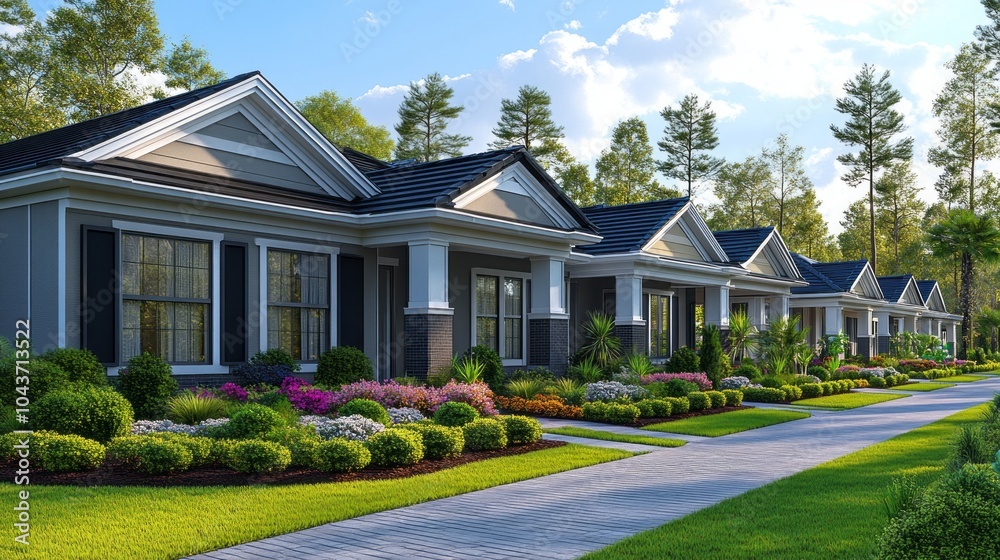 Poster a row of houses with a green lawn and flowers in front of them