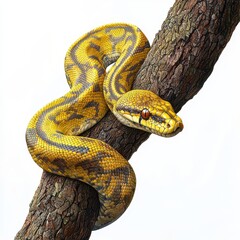 Fototapeta premium Colorful snake coiled on a branch, white isolated background.