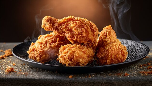 A plate of hot and crispy double fried chicken; food photography; delicious fried chicken thighs and drumsticks on a plate; selective focus; blurred background; tasty and crunchy fried food